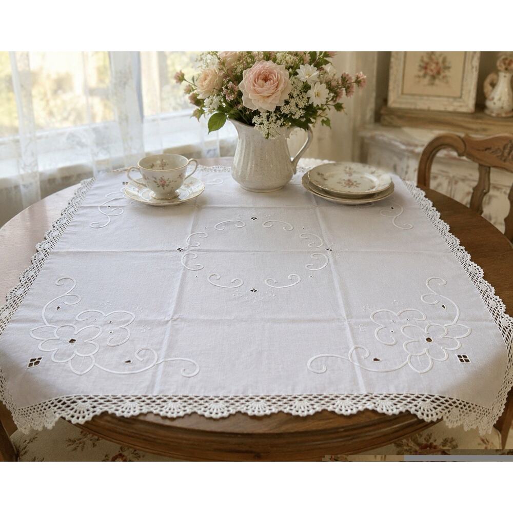 Vintage White Cutwork Embroidered Tablecloth Crochet Lace Edge 35x35 Tags